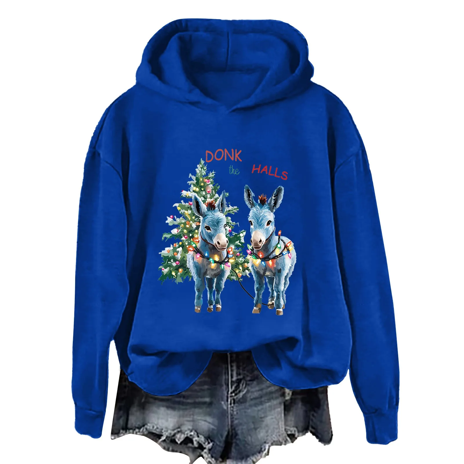 New Trend Christmas Donkeys Hoodies Women Funny Christmas Tree With Light Belt Pullovers Female Long Sleeve Hooded Tops Clothing