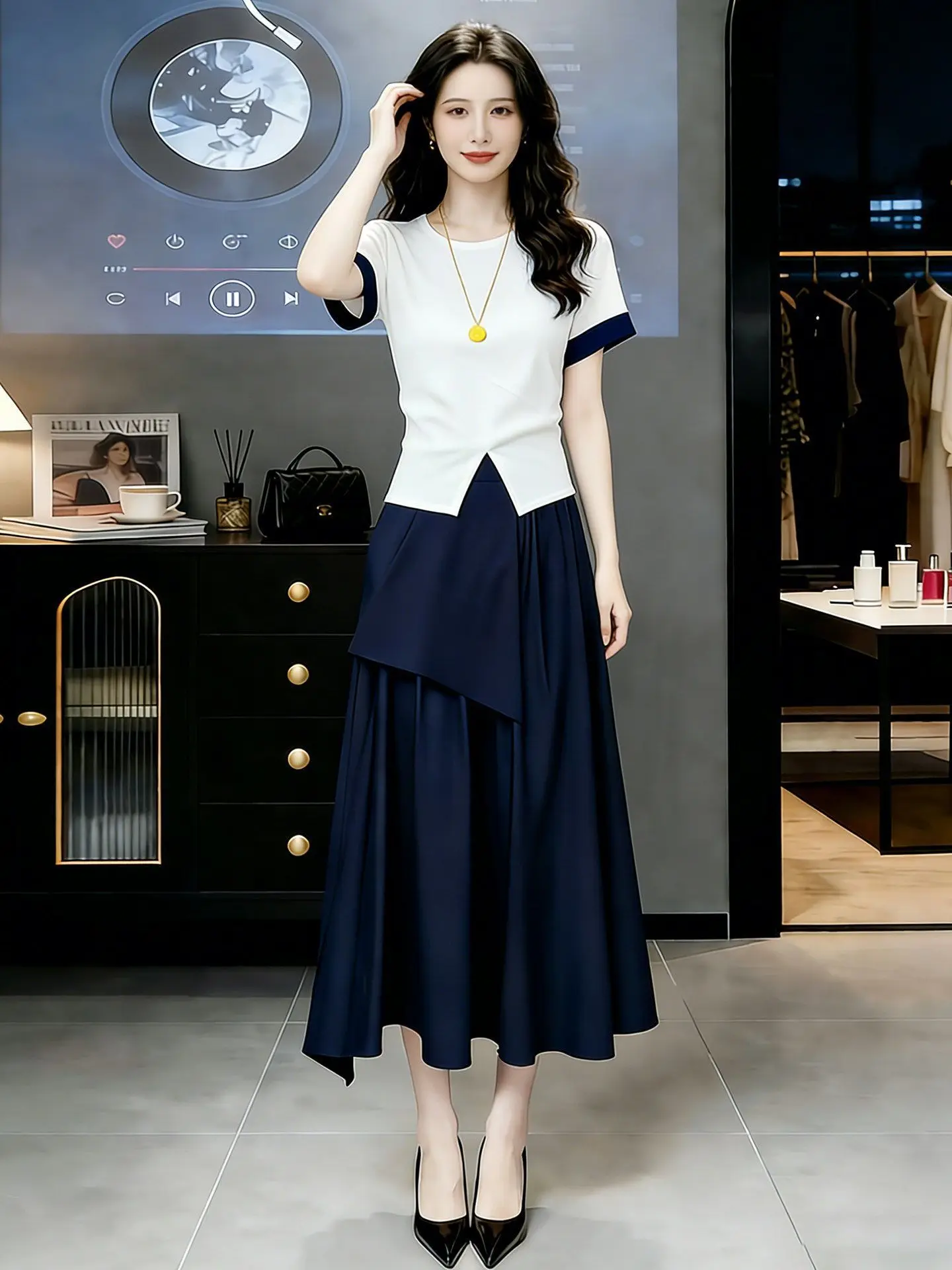 

New Summer Casual Fashion women's matching sets O-neck Short Sleeve Contrast Color T-shirt + Irregular Skirt Women's Suit