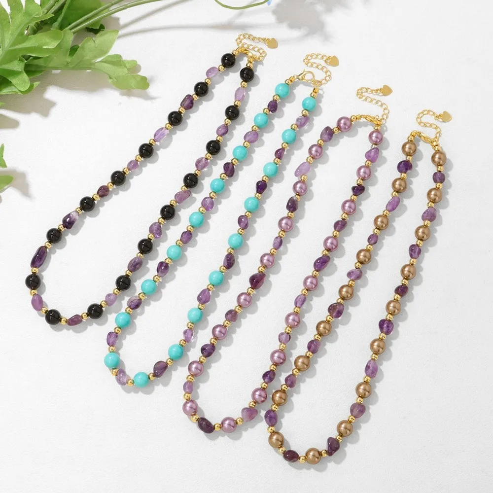 Shell Pearl Collarbone Necklace For Women New Arrival Niche Design Amethyst Freeform Stone Beads Gold Beads Fade Resistant