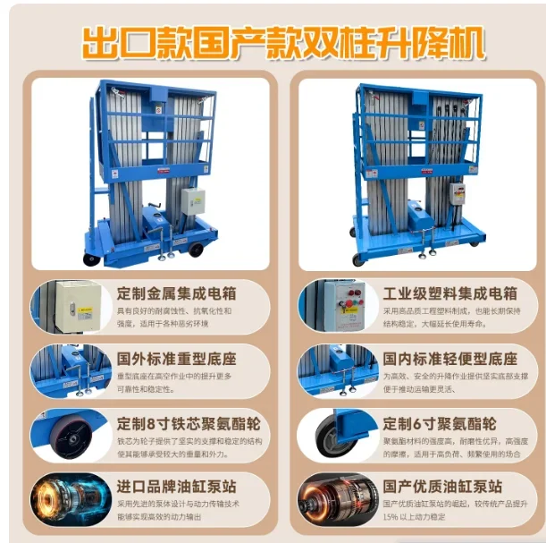 Mobile Hydraulic Electric Scissor Lift, Single/Double Aluminum Mast Aerial Work Platform for Light Duty Use