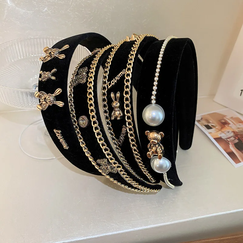 New Bohemian Retro Bear Rabbit Rhinestone Pearl Hair Band Retro Metal Chain Headband Fashion Hair Accessories Female