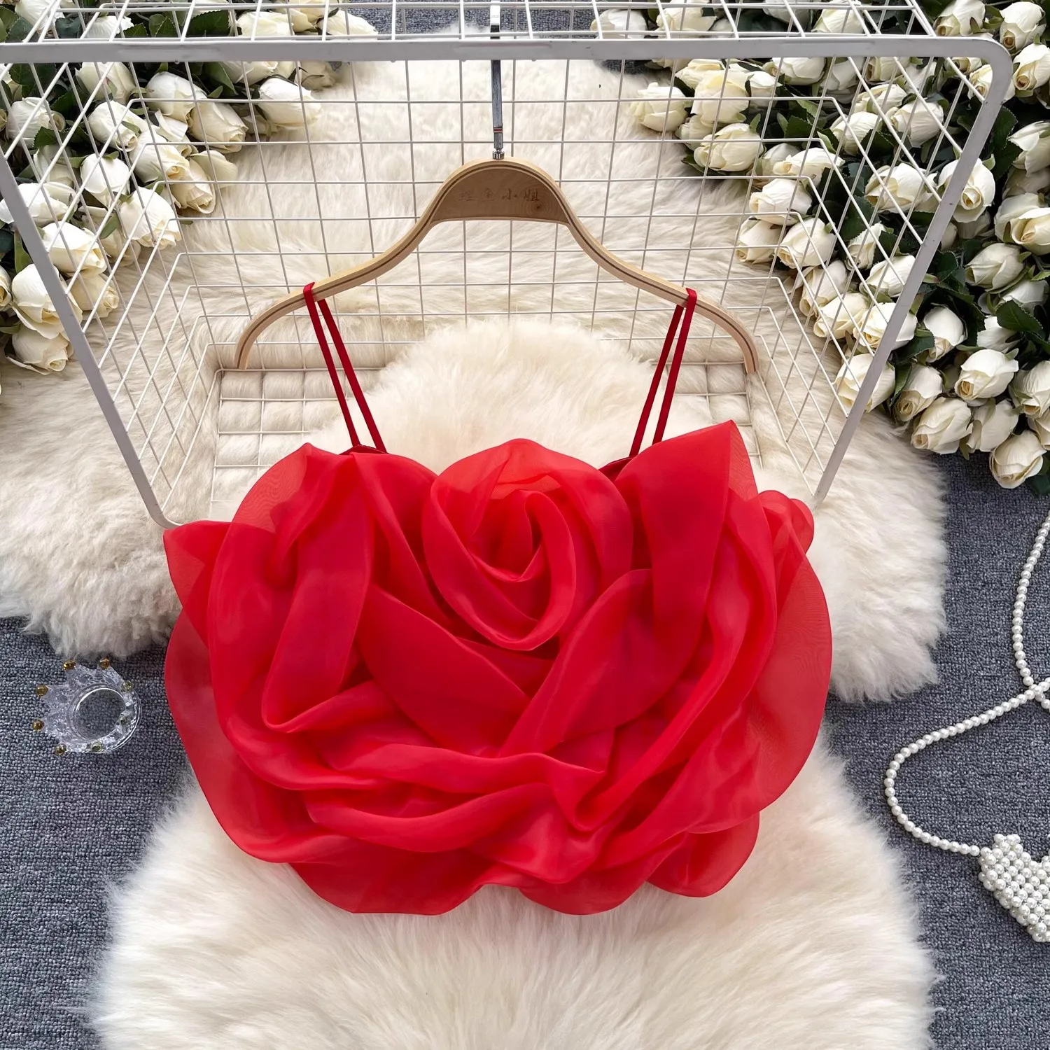 Sweet Big Organza Flower Camisole Girls Stretchy Back Slim Above Navel Camis Crop Top Fashion Summer Clothing