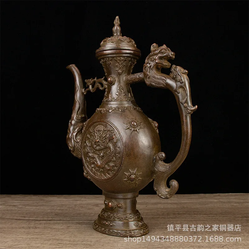 Pure Antique Double Copper Kettle Carved Dragon Wine Pot Copperware Craft Ornament Home Decoration Piec