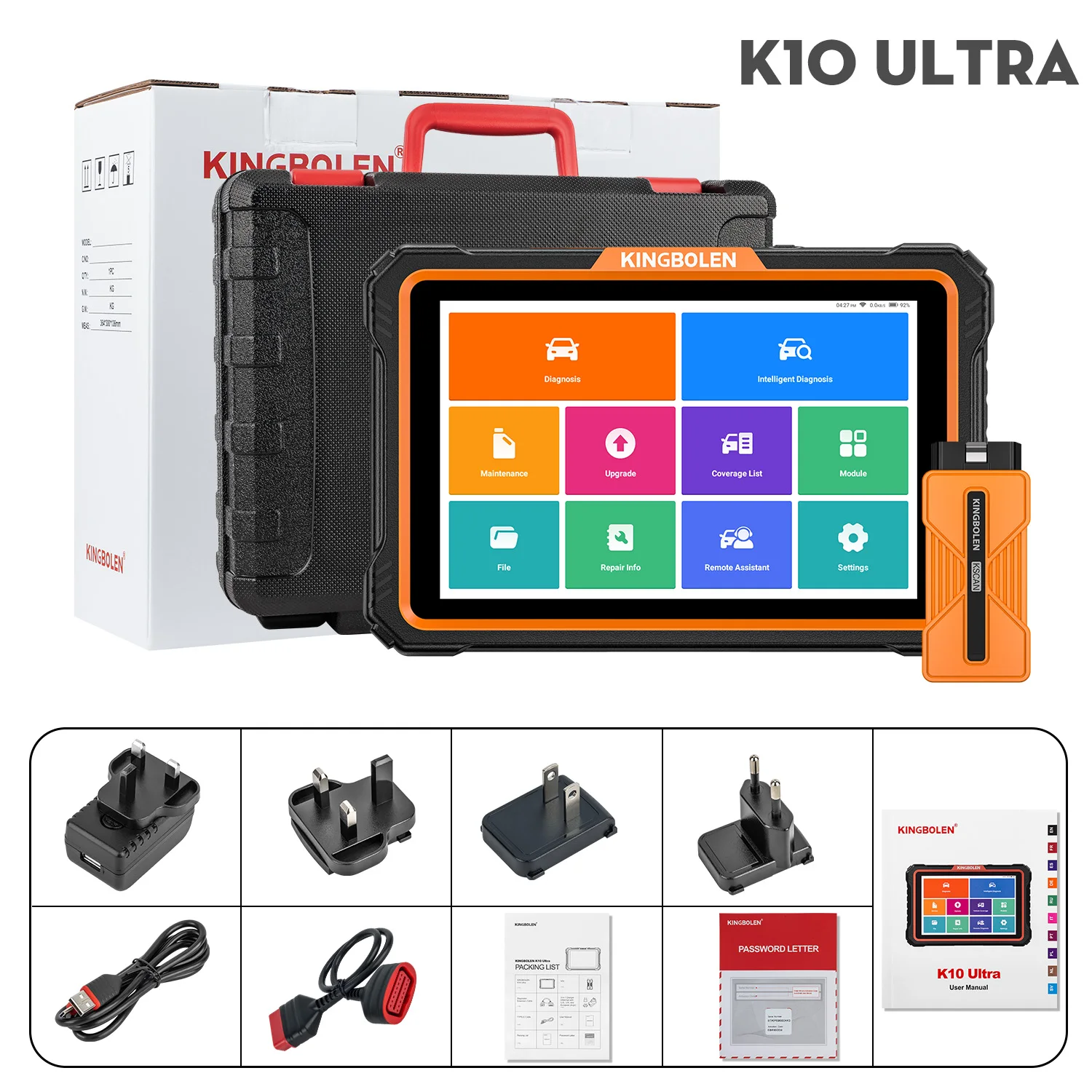 KINGBOLEN K10 Ultra Full System Bidirectionele Scan Tool, Bluetooth OBD2 Scanner Topologiekaart Autoscanner, 41+ Reset Service, ECU Codering, FCA AutoAuth, CANFD / DOIP / J2534 programmering, 2 jaar
