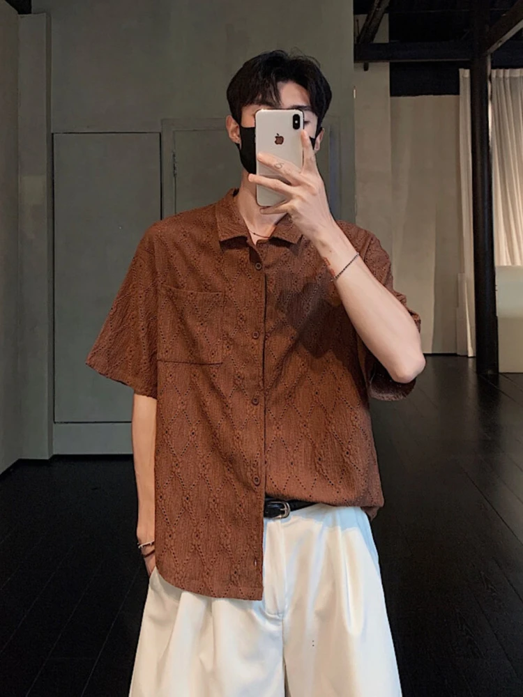 

Summer Men's Short Sleeve Shirt Airy Openwork Design Loose Fit Retro Cuban Collar Breathable Polo Shirt