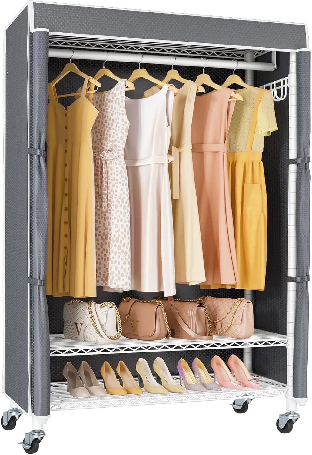 

R3C Portable Closet with Cover - Heavy Duty Freestanding Clothes Rack with Wheels & Hanging Rod & Side Hooks, 36.6" Lx17.3 Wx