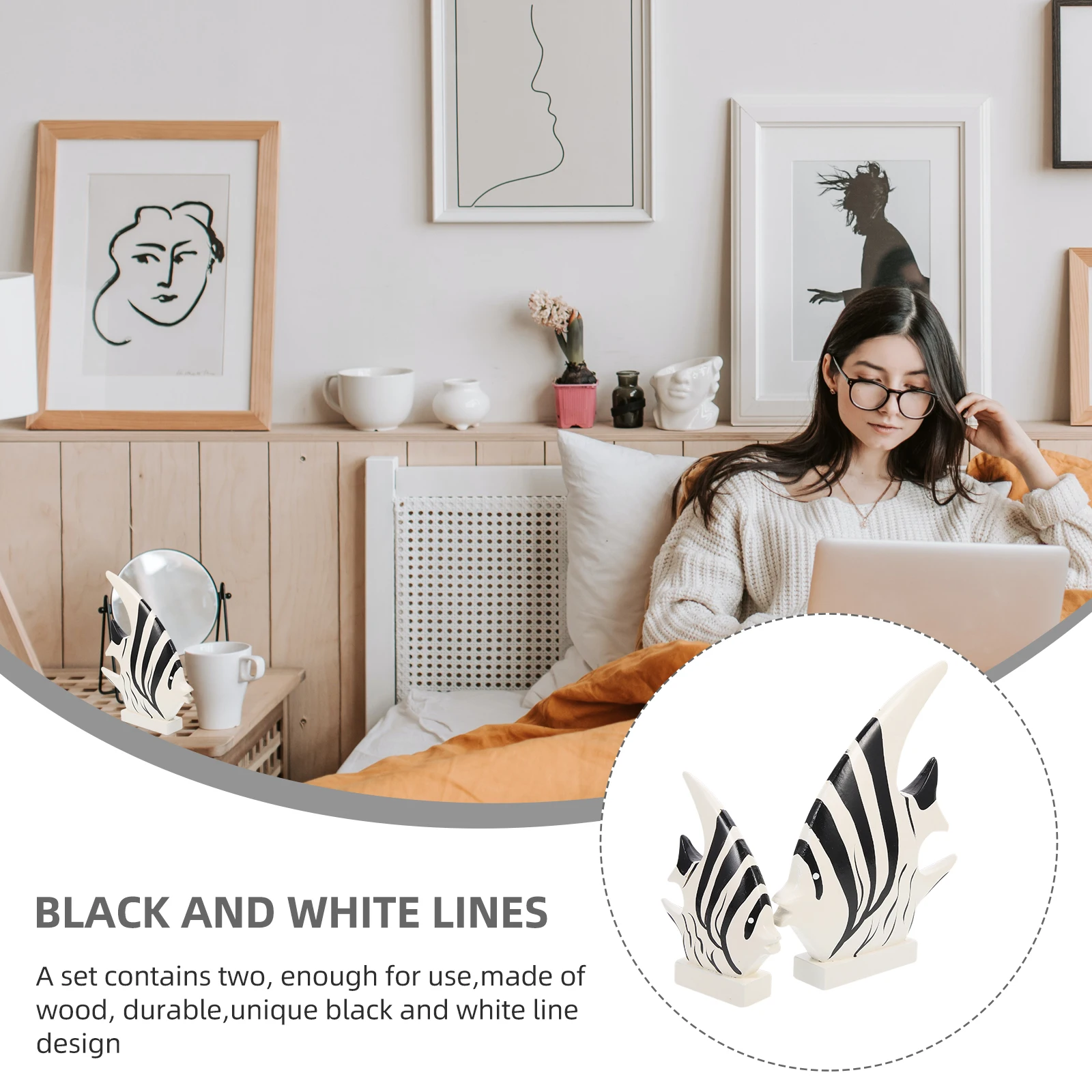 

2pcs Wooden Fish nament Black White Striped Mediterranean Style Home Decor Desk Kids Room Adornment Craft Statue