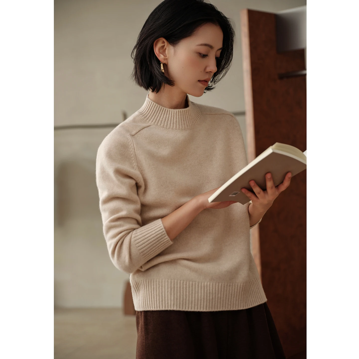 

Fashion High Quaity Women's Long Sleeve 100% Cashmere Sweater Autumn Winter Pullover Mock Neck Basic Knitwear Top Fashion