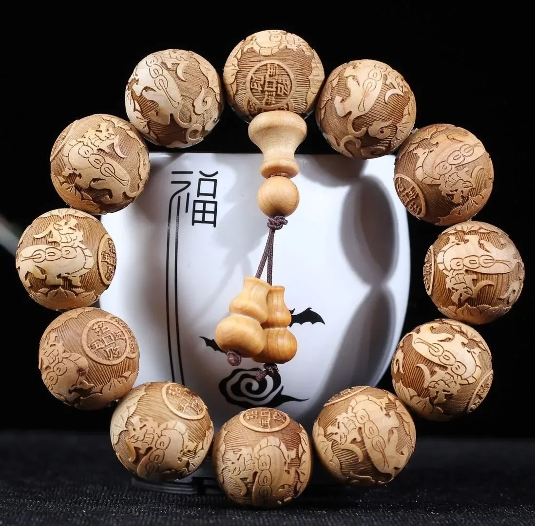 20MM Natural Thuja Cypress Wooden Creative Full Carved Buddha Beads Bracelet Dragon phoenix