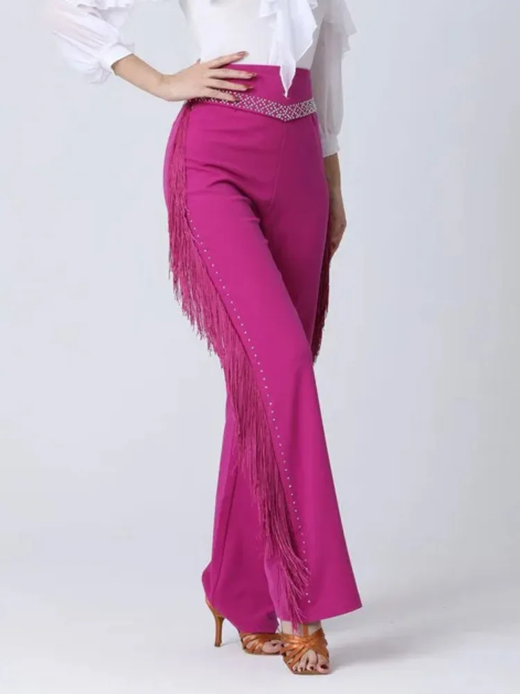 

High Waist Rhinestone Fringe Dance Pants – Sparkling Latin Performance Trousers for Stage & Ballroom Shows
