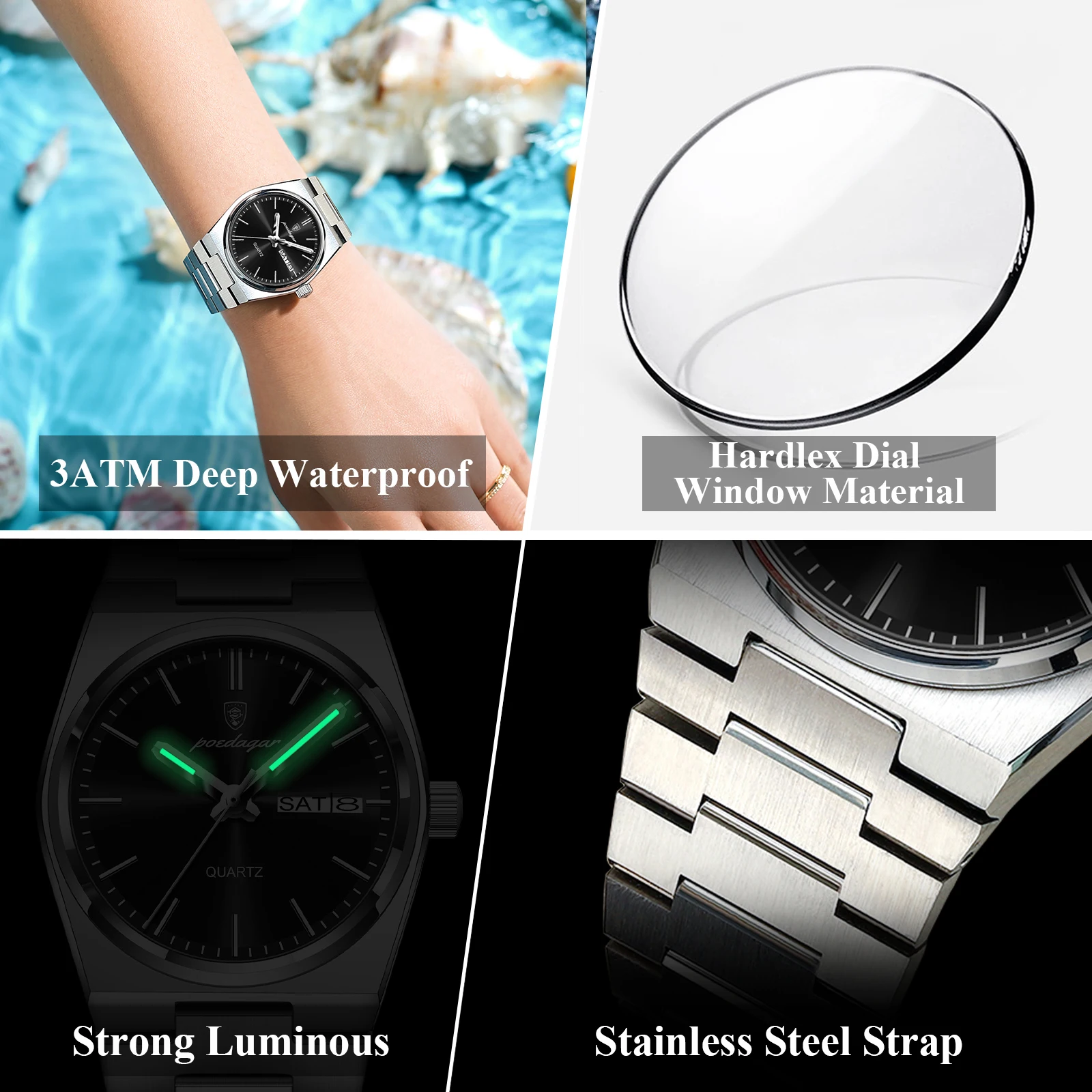 POEDAGAR ساعة نسائية أنيقة تاريخ الأسبوع مقاوم للماء مضيئة السيدات ساعة كوارتز الفولاذ المقاوم للصدأ موضة ساعات للنساء Reloj