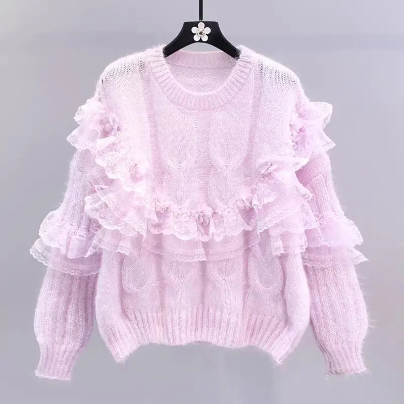 

Spring 2024 Women's Loose Fit Lace Splicing Knitwear Heavy Embroidery Flounce Sve Sweet Sle round Ne ort Length Sweater