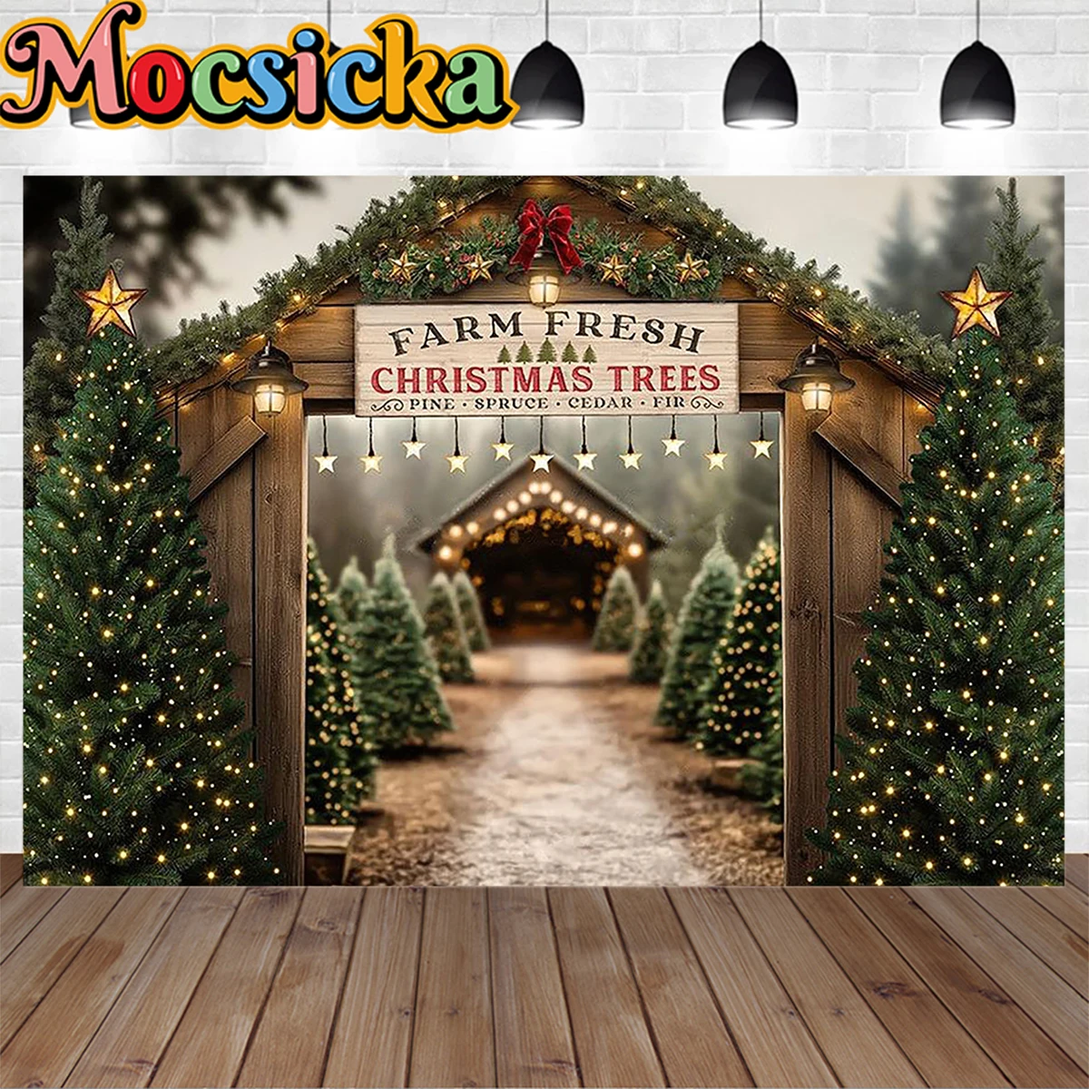 Mocsicka Christmas Tree Farm Background Photography Glitter Star Green Pine Wooden Door Backdrop Winter Family Kids Photo Studio