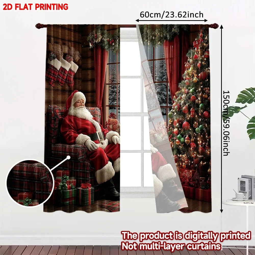 2pcs Santa Claus Christmas Curtains , Cozy Living Room Scene with Tree Gifts Fireplace Snow for Festive Holiday Decor