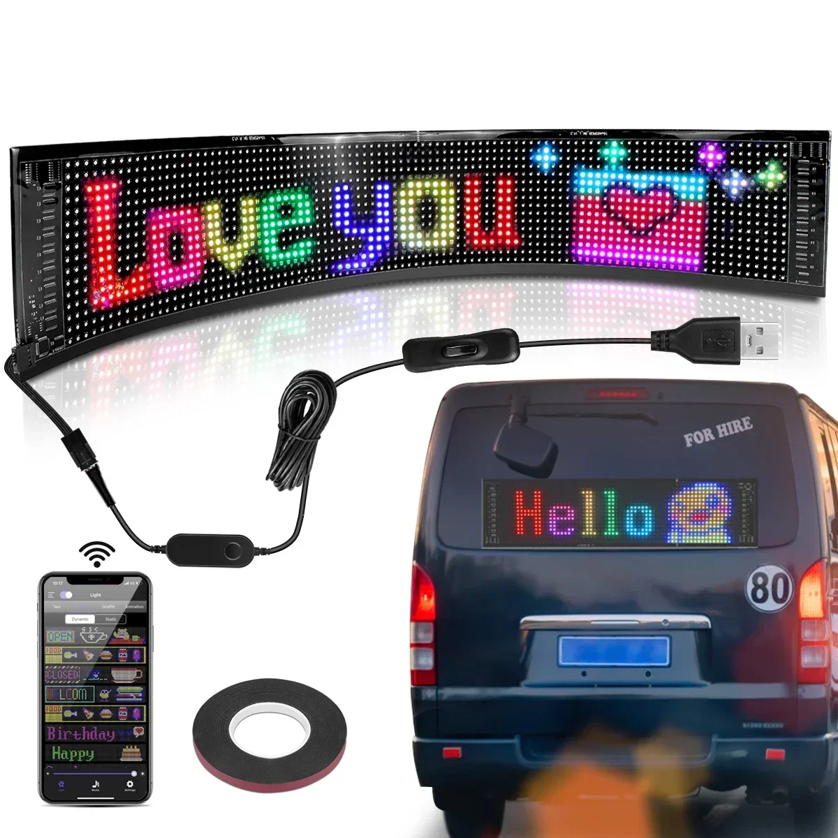 Imagem -02 - Rolagem Publicidade Led Sign Usb 5v Controle Bluetooth App Luz do Logotipo Animação Padrão de Texto Personalizado Display Programável Carro