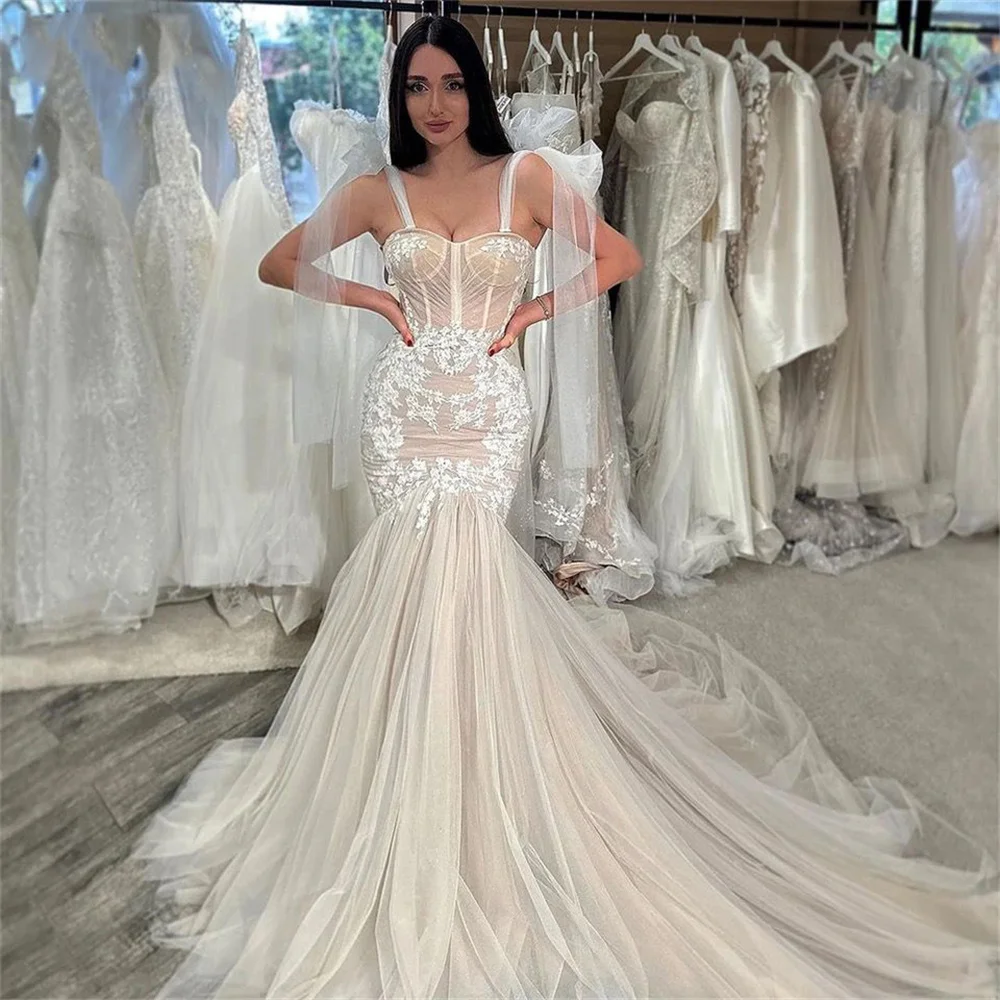 

Sexy Beach Berta Wedding Dresses Mermaid Tulle Straps Lace Bride Dress Women Couture Long Boho Wedding Gowns Robe de Mariee