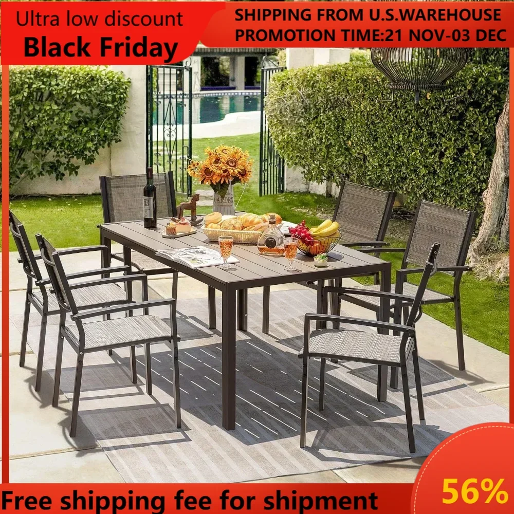 Patio Dining Set 7 Pieces Outdoor Furniture with Large Table and 6 Textilene Chairs for Porch