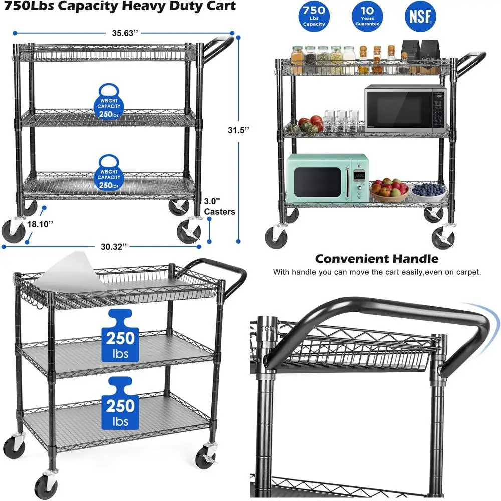 

Sturdy 3-Tier Rolling Utility Cart with Metal Shelves, Commercial Grade Cart for Kitchen, Office, and Hardware (750 lbs Capacity