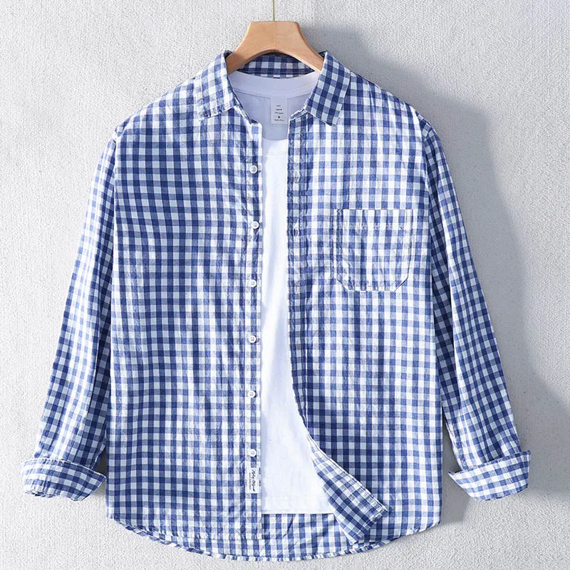 

Schinteon Men 100% Pure Cotton Plaid Thin Shirt Long Sleeved Turn-down Collar High Quality Spring Summer Casual Loose Top 2024