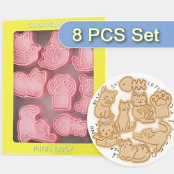 8Pcs Cat Cookies Cutters Cartoon Cat Paw Fishbone Pressable Biscuit Mold Confectionery Cookie Stamp Kitchen Baking Pastry Tools