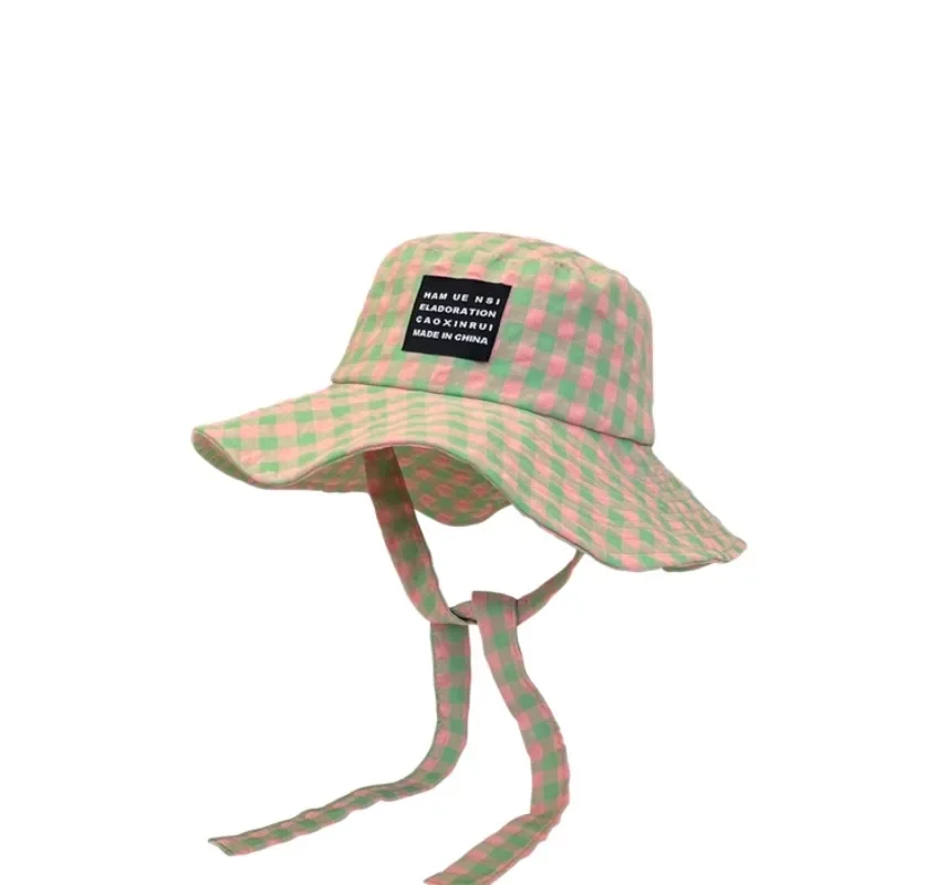 Ins Blogger Retro Plaid Tie Strap Eimer Hut Frauen Sommer Reise Vielseitig Fischer Hut Mädchen Mode Beliebte Breite Krempe Sonne Kappe – Detail 28