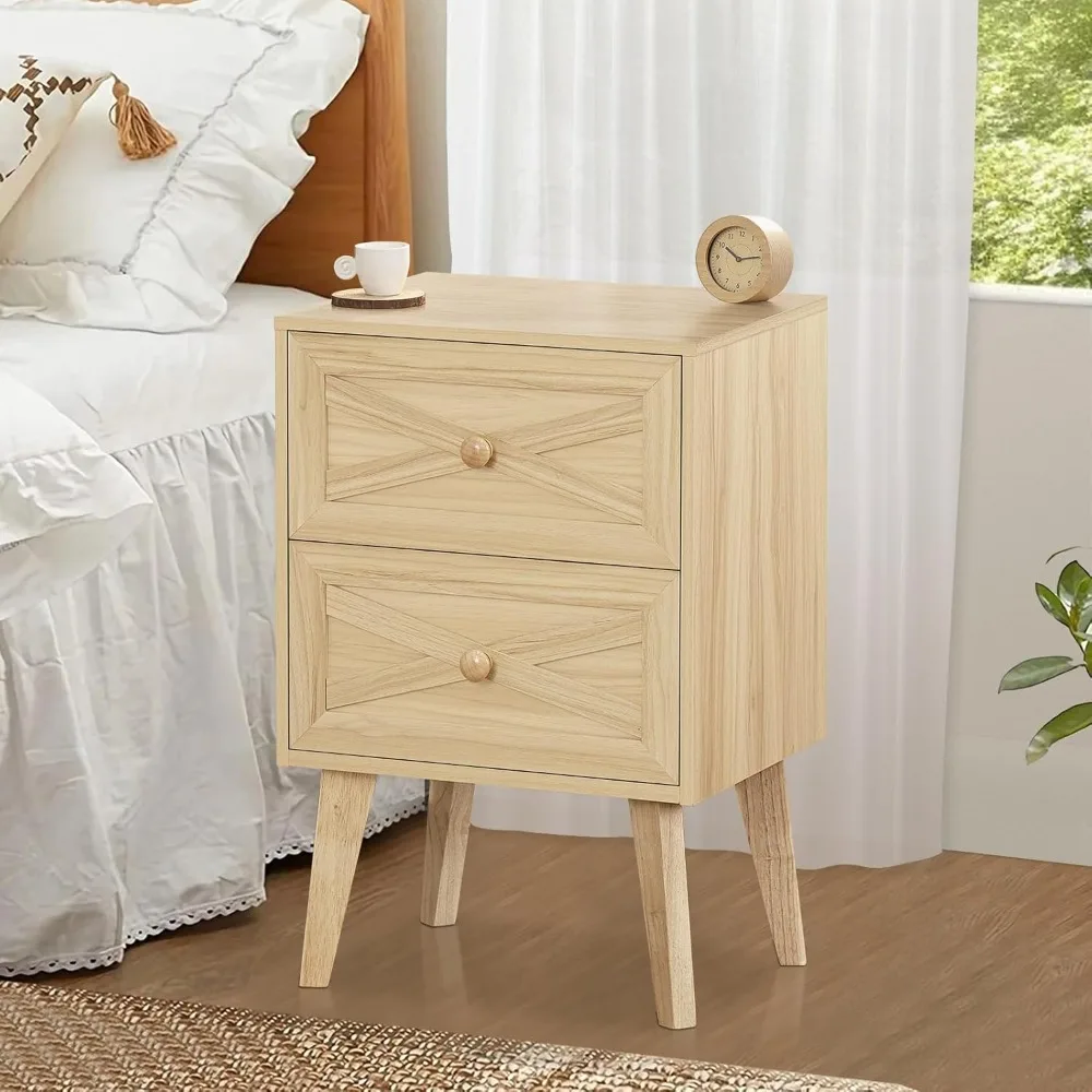 

Nightstand, Natural End Table with 2 Drawers Barn Door Decorated, Mid Century Modern Night Stand, Bed Side Table with St