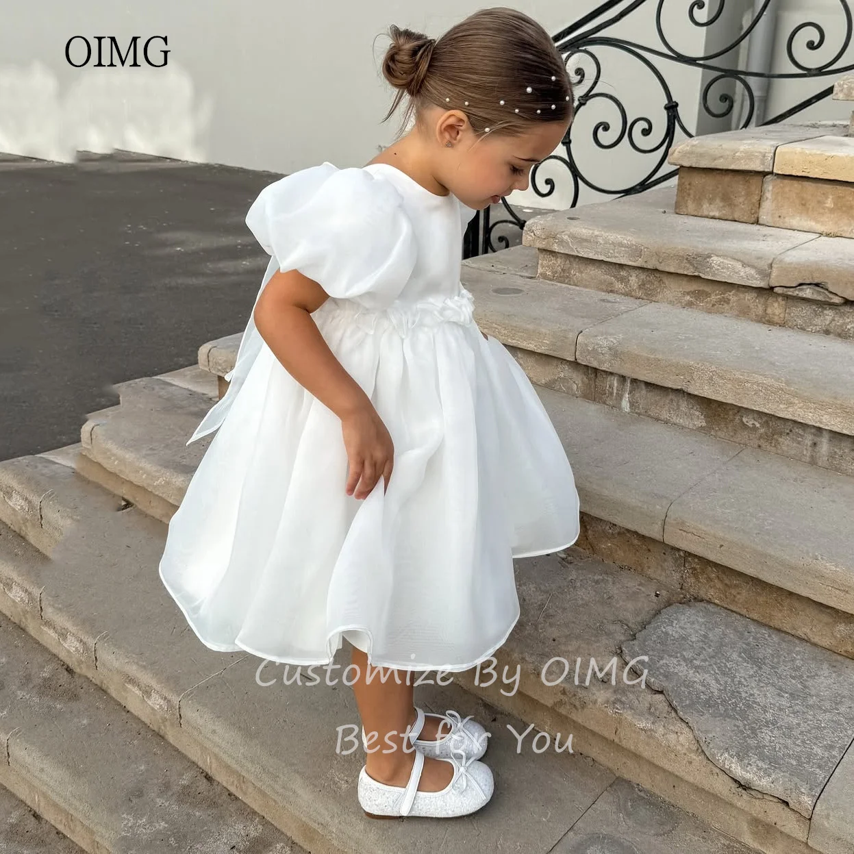 OIMG Ivory O Neck A Line Flower Girl Dresses Puff Sleeves Knee Length Wedding Party Dress Birthday Holy Communion Customized