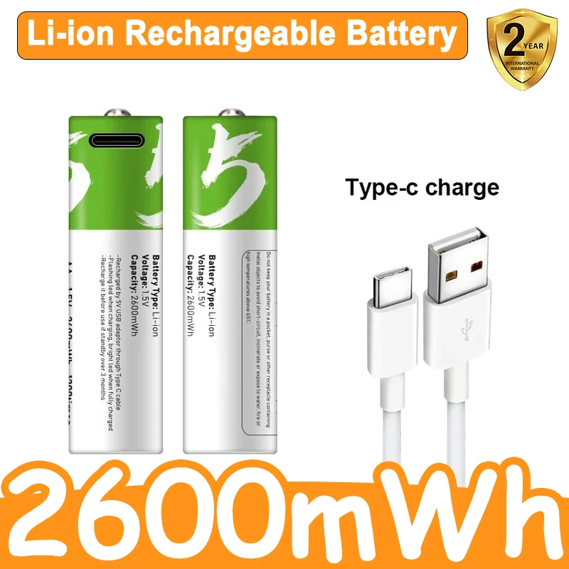 AA 1.5V 2600 mWh Rechargeable Battery for Wireless Mouse Electric Toy Remote Control  Li-ion Batteria Type-C charging