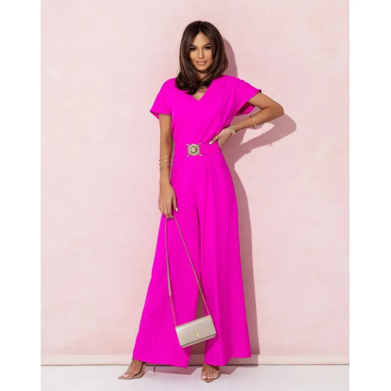 Summer New Fashionable Women's V-neck Short Sleeved High Waisted Wide Leg Commuting Casual Elegant Jumpsuit