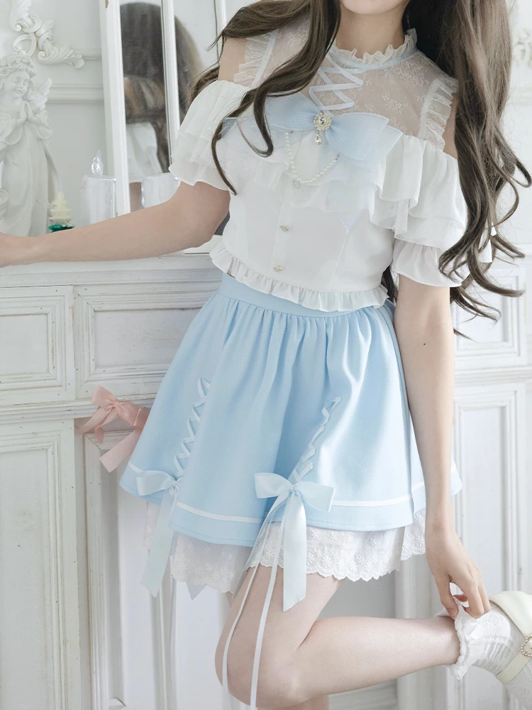 Camisas de manga corta con hombros descubiertos y cuello levantado de encaje estilo Mine japonés, faldas con lazo con cordones y cintura alta, conjuntos de dos piezas para mujer