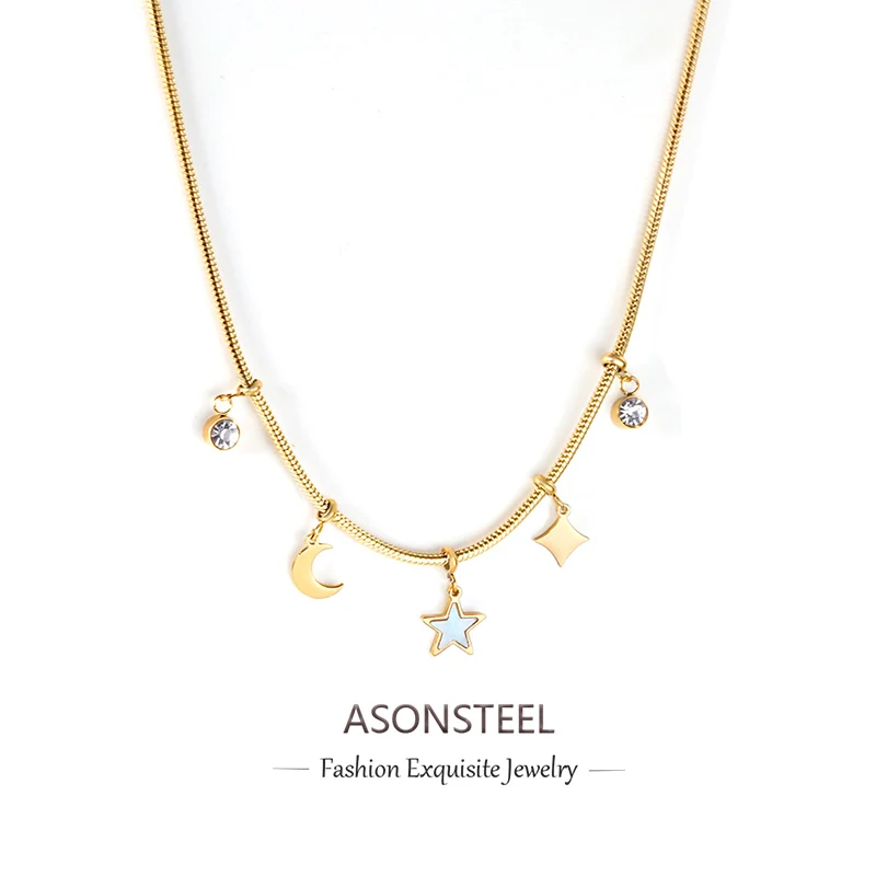 ASONSTEEL Stainless Steel Vintage Mini Star Moon Chains Pendant Necklaces Charm Gold Color For Women Girl Jewelry Chokers 2024