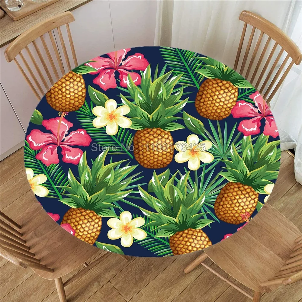 Tropical Plants Round Tablecloth Fitted Elastic Edged Floral Waterproof Polyester Table Cover for Dinning Room Kitchen Picnic