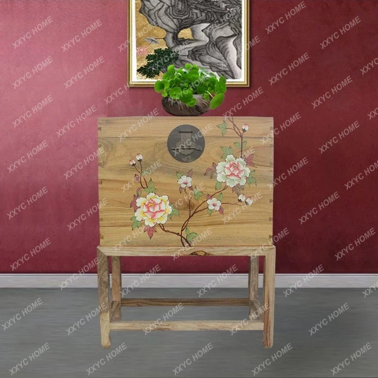 New Chinese style camphor solid wood painted suitcase dowry marriage calligraphy and painting mosquito-proof moisture-proof box