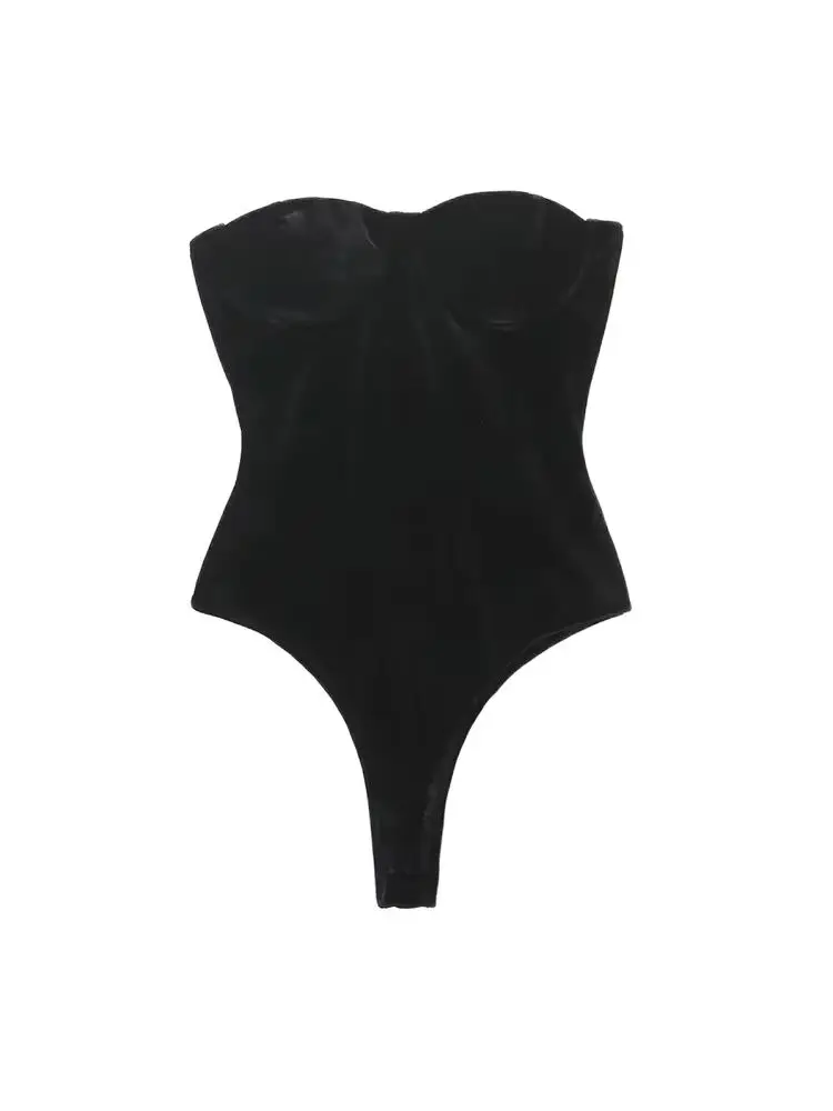 smvp Strapless Velvet Bodysuits For Women, Straight Neck, Snap-Button, Female Playsuits, Sexy Fashion，ladies