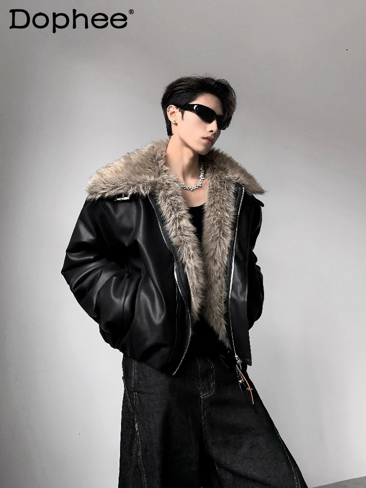 

Модные легкие роскошные куртки на плечо с воротником из искусственного меха, мужские зимние новые шикарные парки 2025 года, теплые пальто из искусственной кожи с длинными рукавами