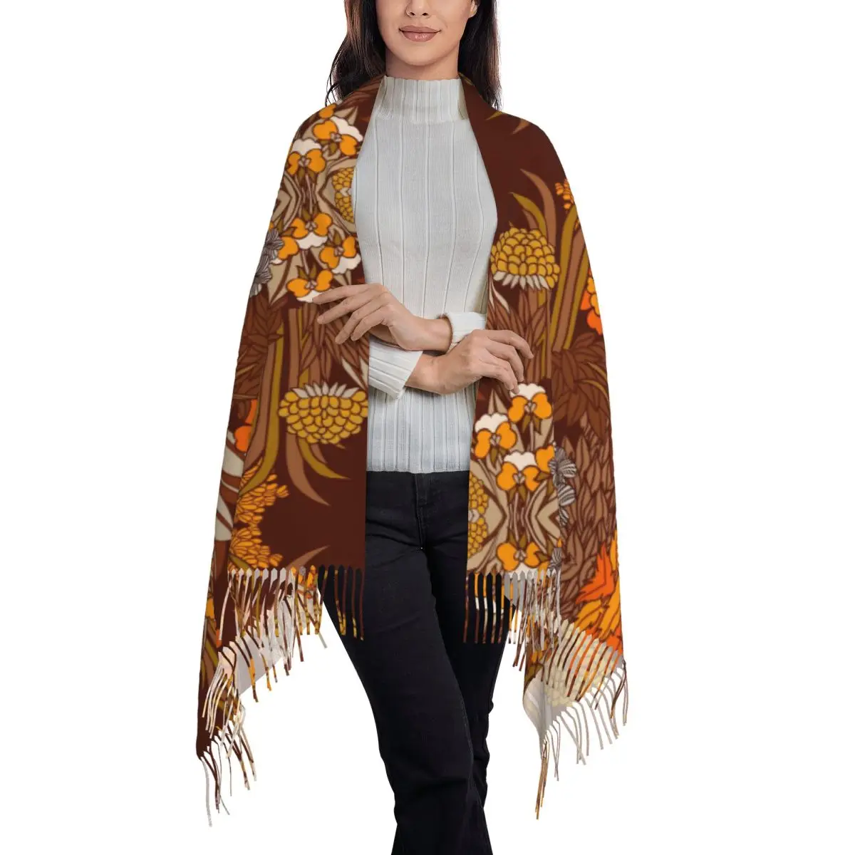 70s Retro Garden Scarf Tassel Scarves Women Soft Warm Shawls and Wraps Long Fall Winter Shawl Wrap