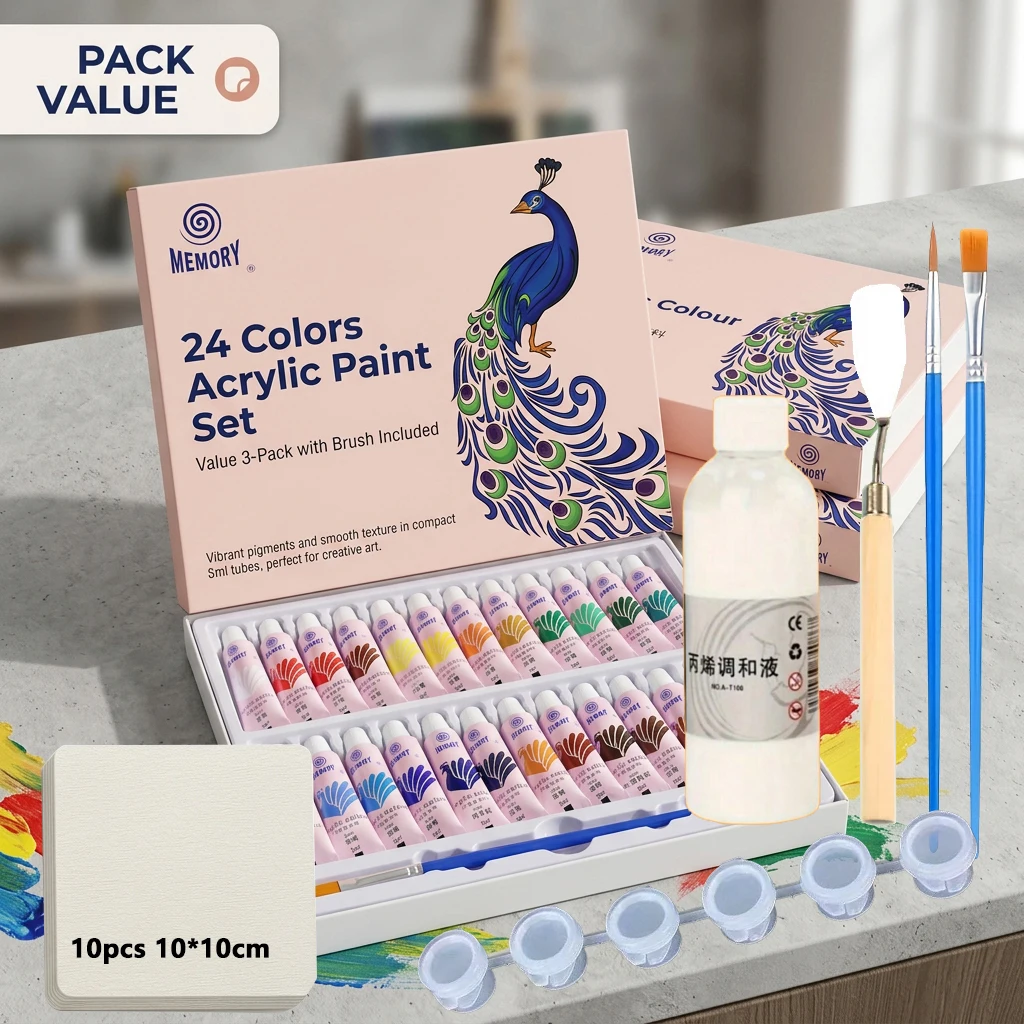 24-Color 5ml Acrylic Painting Set with Scraper 10 Sheets Watercolor Paper 100ml Mixing Liquid 2 Oil Brushes Pigment Box