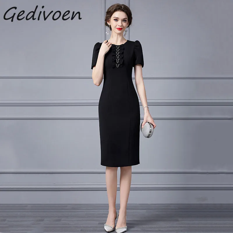 Gedivoen Summer Fashion Runway Vintage Buttock Covering Dress Women's O-Neck Nail Bead Ruffles High Waist Slit Party Midi Dress