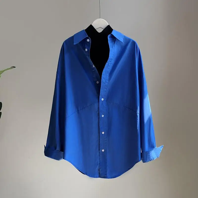 Fashion Basic Long Sleeve Solid Color Spliced Shirt 2023 Autumn Female Korean Commute All-match Turn-down Collar Button Blouse