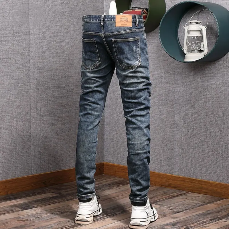 Newly Designer Fashion Men Jeans Retro Blue Stretch Elastic Slim Fit Ripped Jeans Men Vintage Casual Denim Pencil Pants Hombre