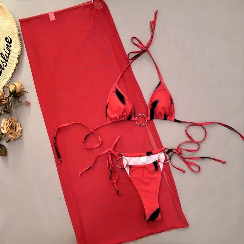 3 Piece Bikini Set Bathing Suit Women Ring Metal Buckle Sexy Triangle Lace Up Micro Bikini Mesh Skirt Beach Vacation Swimsuit