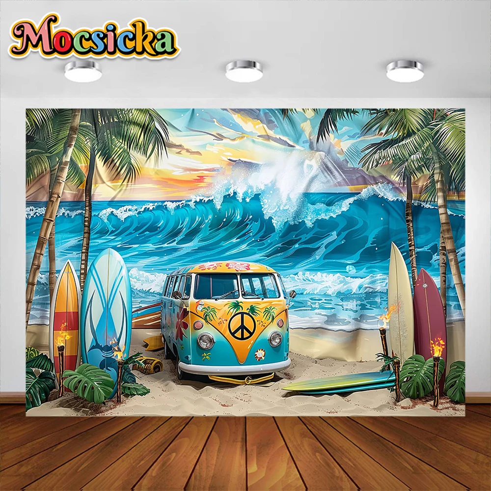 Cartoon Car Hawaii Beach Background Cake Smash Baby Shower decorazione per feste ritratto per bambini fondali per foto Studio puntelli Banner