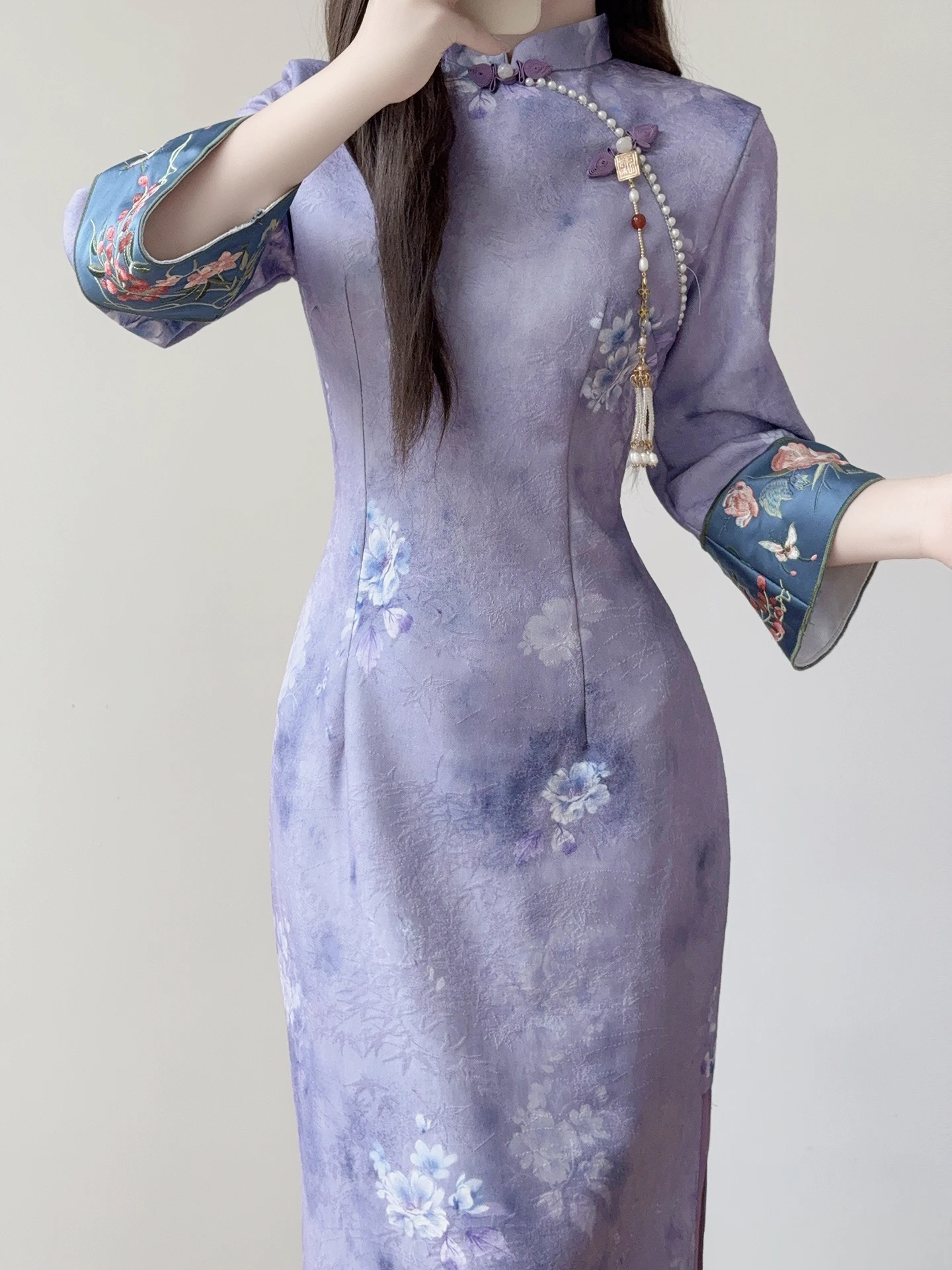 

Женское фиолетовое приталенное платье-ципао Dr. Тан Юэ Лин, китайское вечернее платье с цветочным принтом, дышащее, с низким разрезом, длинная юбка