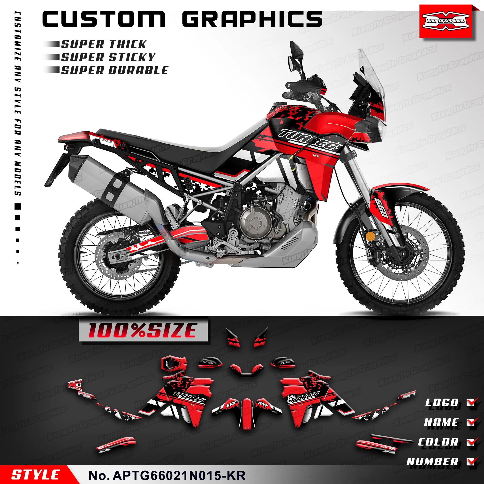 

KUNGFU GRAPHICS Motorcycle Stickers Laminated Decals for Aprilia Tuareg 660 2021 2022 2023, Rebuilding, APTG66021N015-KR