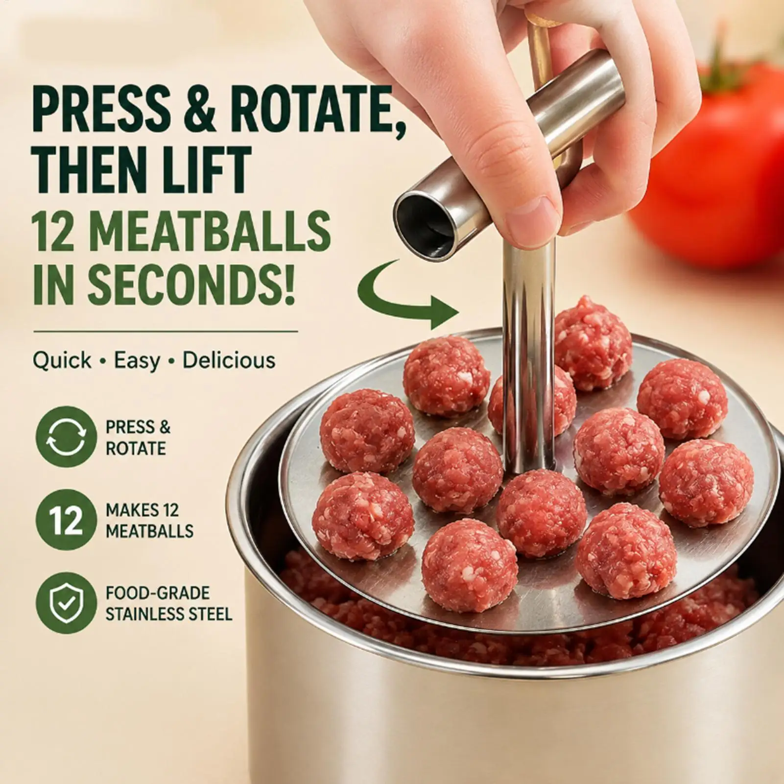 12-Hole Stainless Steel Meatball Press/Molder - Quick-Forming Mold for Pork, Beef, Shrimp, Fish Balls for Home Kitchen Meal Prep