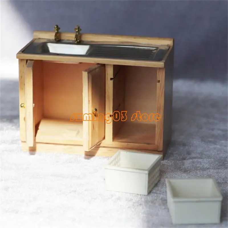 H9EC Armário pia miniatura 1/12 Acessórios cozinha escala para cozinhas casa brinquedos e banheiros