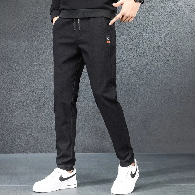 

Men's Slim Fit Casual Pants Spring 2024 Fashion Trend Black Versatile Long Trousers Youth Active Style Polyester Blend