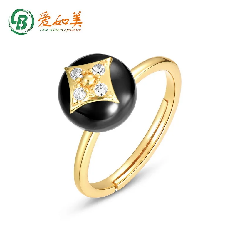

Black Agate Clover 18K Gold PT950 Platinum Silver Plated 7-Layer Gold Ring, Lucky Grass Flower Round Ring for Women