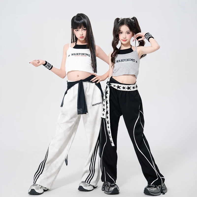 힙합 K-pop 자르기 탑 카고 바지 어린이 스트리트 댄스 복장 어린이 streetwear 의상 소녀 그룹 재즈 의류 세트 xh2645