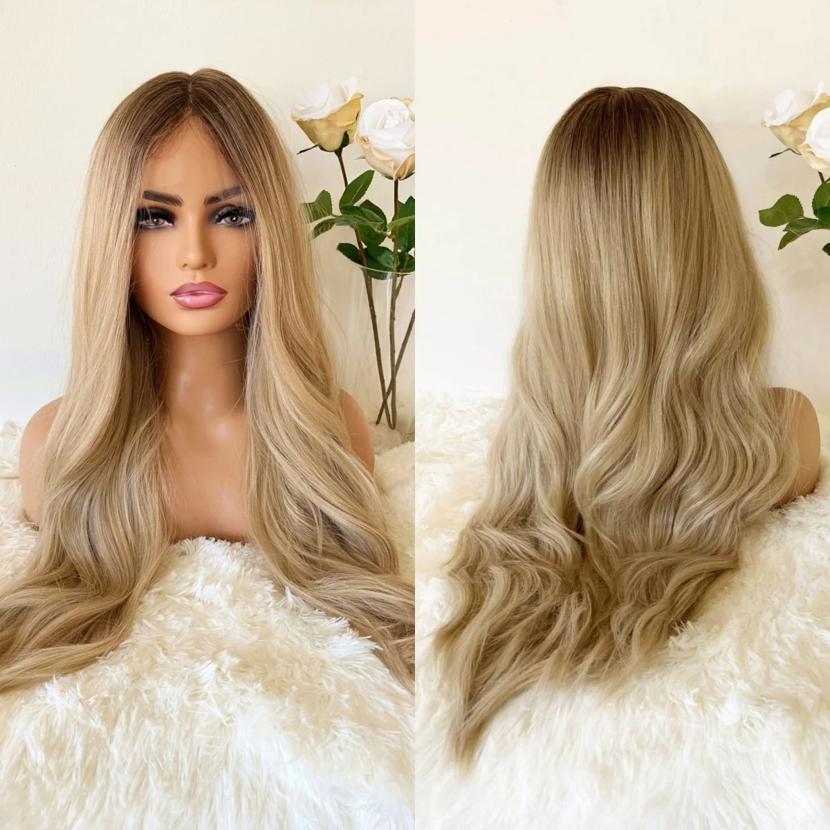 

26-дюймовый женский парик, длинный объемный парик, блондинка с омбре, синтетический кружевной верх, парики, новый стиль, натуральный предварительно выщипанный бесклеевой парик по линии волос